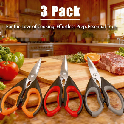 3 Pack Kitchen Scissors - Food Grade Kitchen Shears | All Purpose Stainless Steel Heavy Duty for Poultry Food Dishwasher Safe with Protective Sheath Comfort-Grip