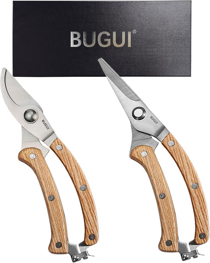 Garden Shears Set of 2, Includes 1 Bypass Pruning Shears and 1 Straight Blade Garden Scissors, Sharp, Lightweight