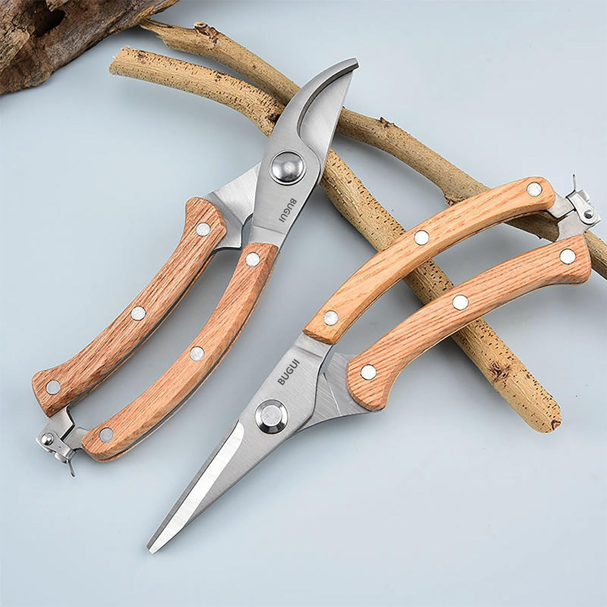 Garden Shears Set of 2, Includes 1 Bypass Pruning Shears and 1 Straight Blade Garden Scissors, Sharp, Lightweight