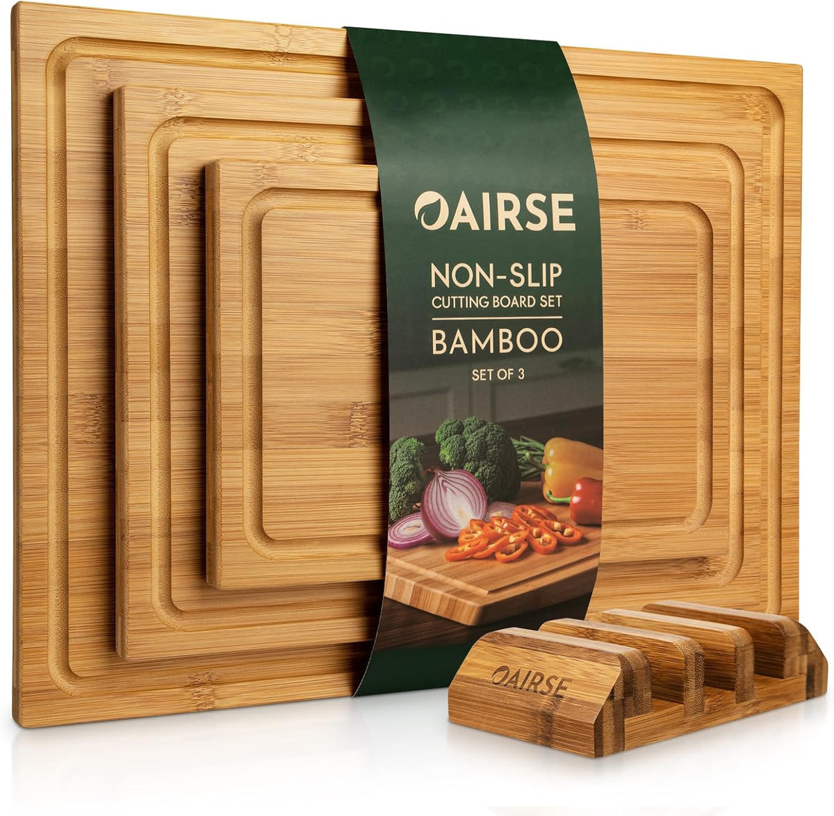 3 Packs Bamboo Cutting Board for Kitchen with Juice Grooves & Storage Stand | Carbonized Cutting Boards with Pre-Oiled Kitchen Cutting Boards Set Bamboo Chopping Board for Meat, Vegetables, Fruits