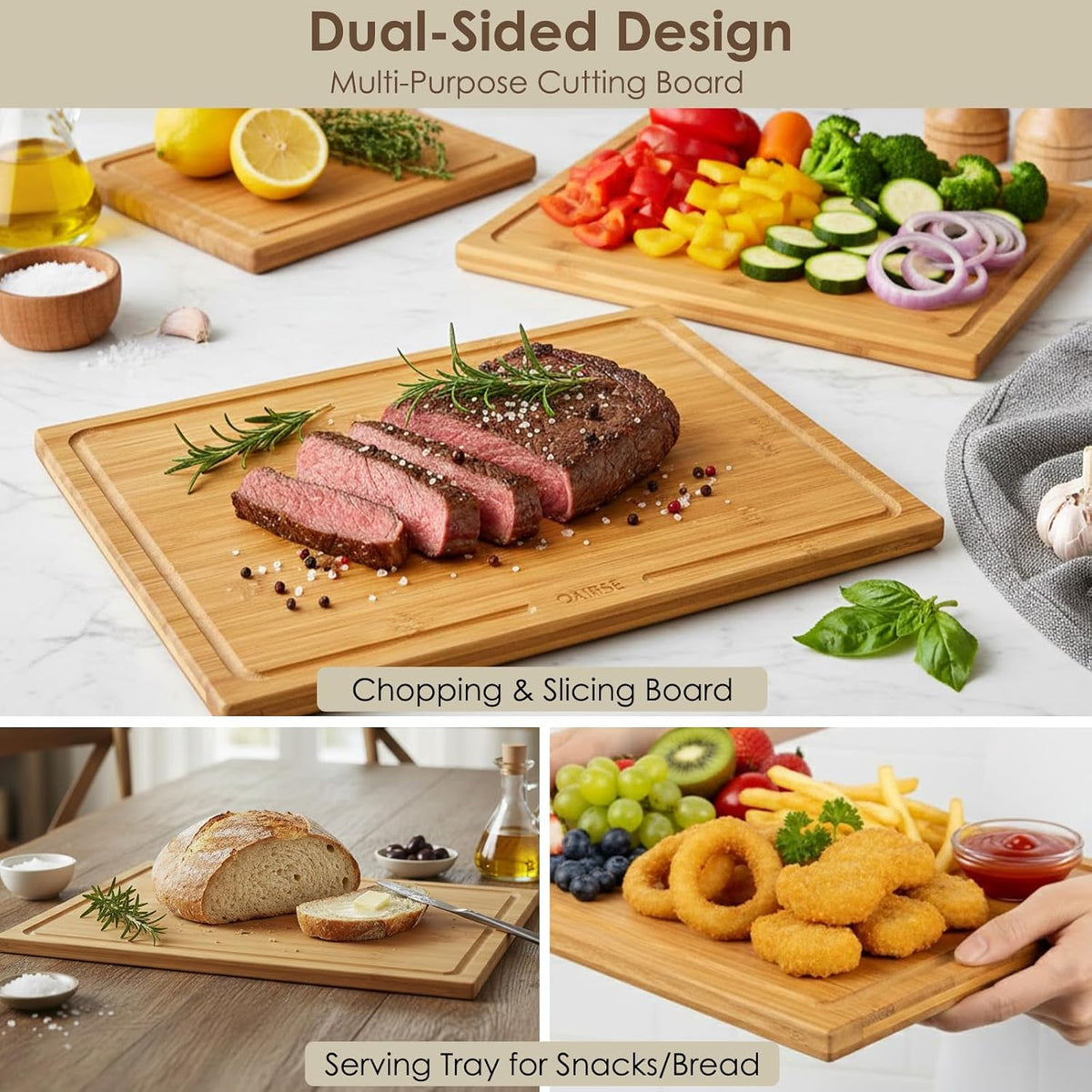 3 Packs Bamboo Cutting Board for Kitchen with Juice Grooves & Storage Stand | Carbonized Cutting Boards with Pre-Oiled Kitchen Cutting Boards Set Bamboo Chopping Board for Meat, Vegetables, Fruits