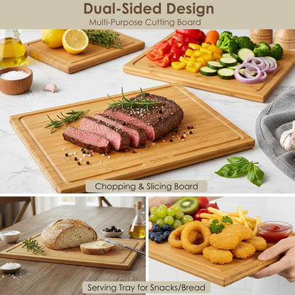 3 Packs Bamboo Cutting Board for Kitchen with Juice Grooves & Storage Stand | Carbonized Cutting Boards with Pre-Oiled Kitchen Cutting Boards Set Bamboo Chopping Board for Meat, Vegetables, Fruits