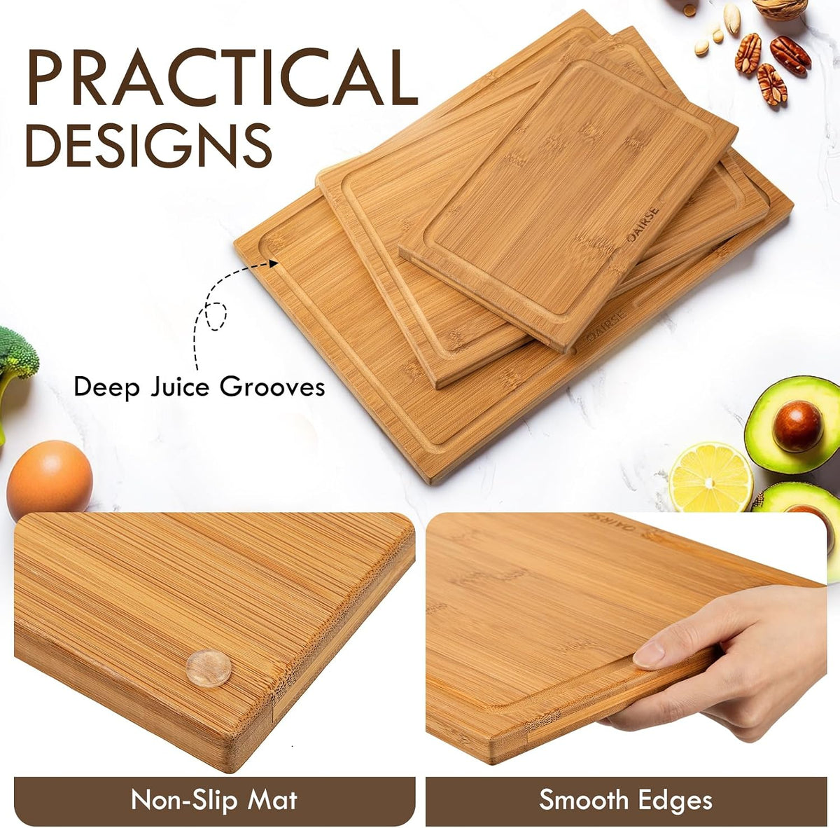 3 Packs Bamboo Cutting Board for Kitchen with Juice Grooves & Storage Stand | Carbonized Cutting Boards with Pre-Oiled Kitchen Cutting Boards Set Bamboo Chopping Board for Meat, Vegetables, Fruits