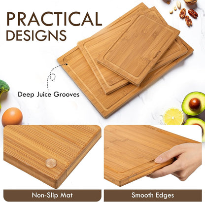 3 Packs Bamboo Cutting Board for Kitchen with Juice Grooves & Storage Stand | Carbonized Cutting Boards with Pre-Oiled Kitchen Cutting Boards Set Bamboo Chopping Board for Meat, Vegetables, Fruits