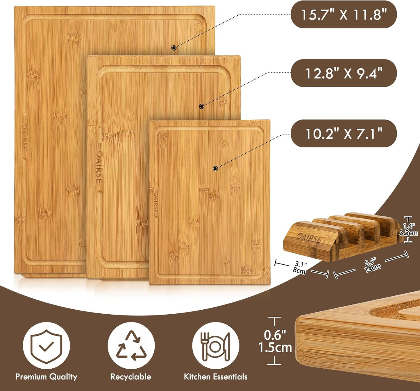 3 Packs Bamboo Cutting Board for Kitchen with Juice Grooves & Storage Stand | Carbonized Cutting Boards with Pre-Oiled Kitchen Cutting Boards Set Bamboo Chopping Board for Meat, Vegetables, Fruits