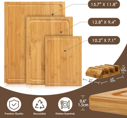 3 Packs Bamboo Cutting Board for Kitchen with Juice Grooves & Storage Stand | Carbonized Cutting Boards with Pre-Oiled Kitchen Cutting Boards Set Bamboo Chopping Board for Meat, Vegetables, Fruits