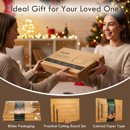 3 Packs Bamboo Cutting Board for Kitchen with Juice Grooves & Storage Stand | Carbonized Cutting Boards with Pre-Oiled Kitchen Cutting Boards Set Bamboo Chopping Board for Meat, Vegetables, Fruits