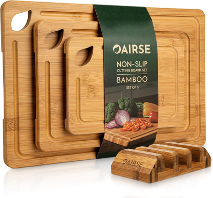 3 Packs Bamboo Cutting Board for Kitchen with Juice Grooves & Storage Stand | Carbonized Cutting Boards with Pre-Oiled Kitchen Cutting Boards Set Bamboo Chopping Board for Meat, Vegetables, Fruits
