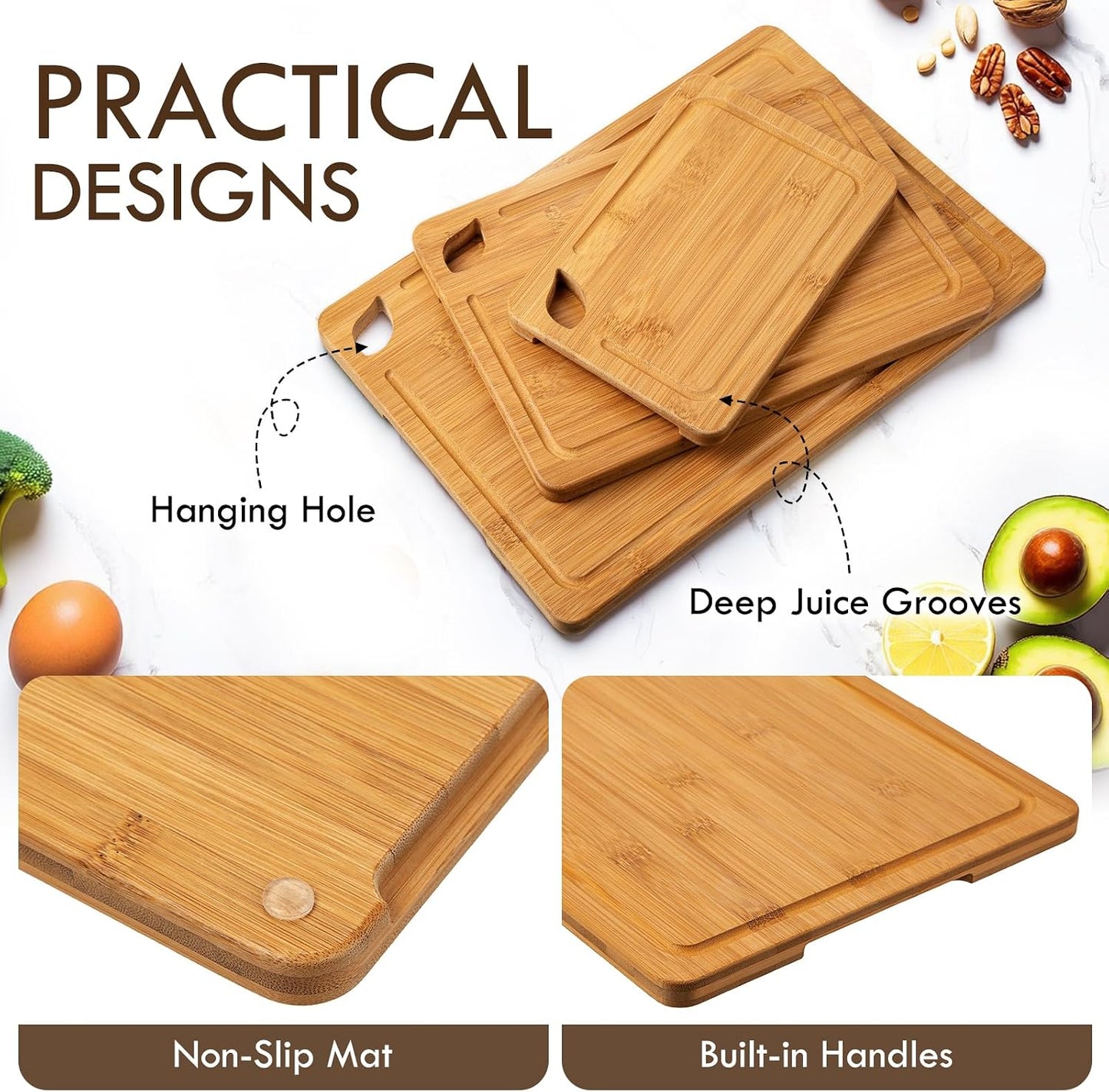 3 Packs Bamboo Cutting Board for Kitchen with Juice Grooves & Storage Stand | Carbonized Cutting Boards with Pre-Oiled Kitchen Cutting Boards Set Bamboo Chopping Board for Meat, Vegetables, Fruits