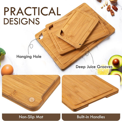 3 Packs Bamboo Cutting Board for Kitchen with Juice Grooves & Storage Stand | Carbonized Cutting Boards with Pre-Oiled Kitchen Cutting Boards Set Bamboo Chopping Board for Meat, Vegetables, Fruits