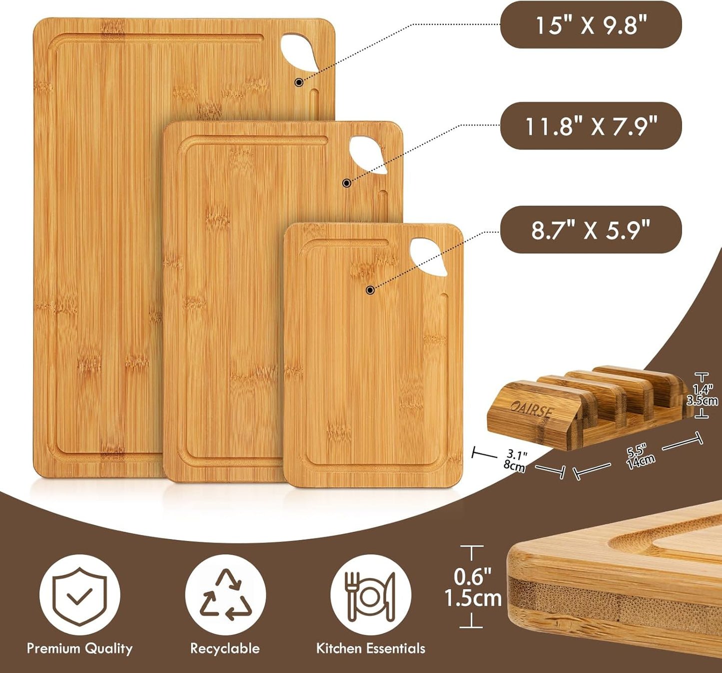 3 Packs Bamboo Cutting Board for Kitchen with Juice Grooves & Storage Stand | Carbonized Cutting Boards with Pre-Oiled Kitchen Cutting Boards Set Bamboo Chopping Board for Meat, Vegetables, Fruits