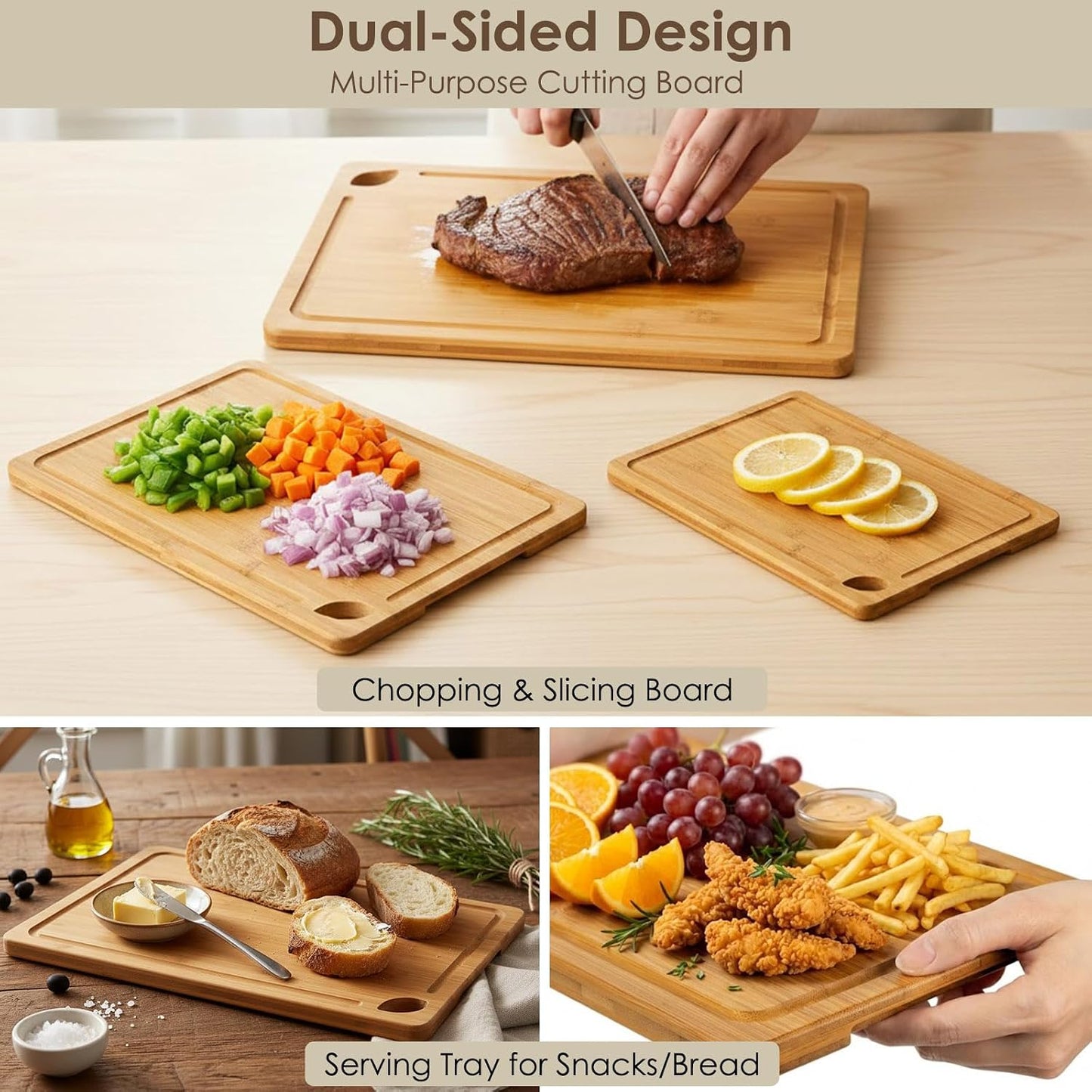 3 Packs Bamboo Cutting Board for Kitchen with Juice Grooves & Storage Stand | Carbonized Cutting Boards with Pre-Oiled Kitchen Cutting Boards Set Bamboo Chopping Board for Meat, Vegetables, Fruits