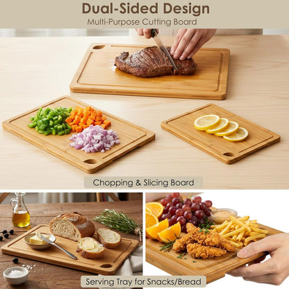 3 Packs Bamboo Cutting Board for Kitchen with Juice Grooves & Storage Stand | Carbonized Cutting Boards with Pre-Oiled Kitchen Cutting Boards Set Bamboo Chopping Board for Meat, Vegetables, Fruits