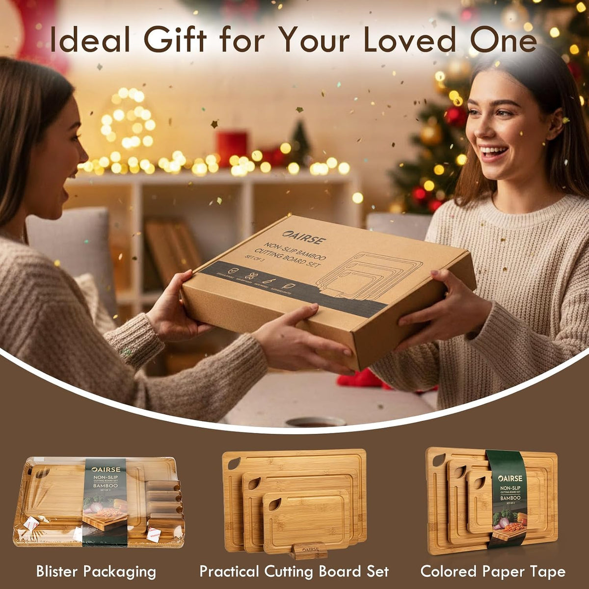 3 Packs Bamboo Cutting Board for Kitchen with Juice Grooves & Storage Stand | Carbonized Cutting Boards with Pre-Oiled Kitchen Cutting Boards Set Bamboo Chopping Board for Meat, Vegetables, Fruits
