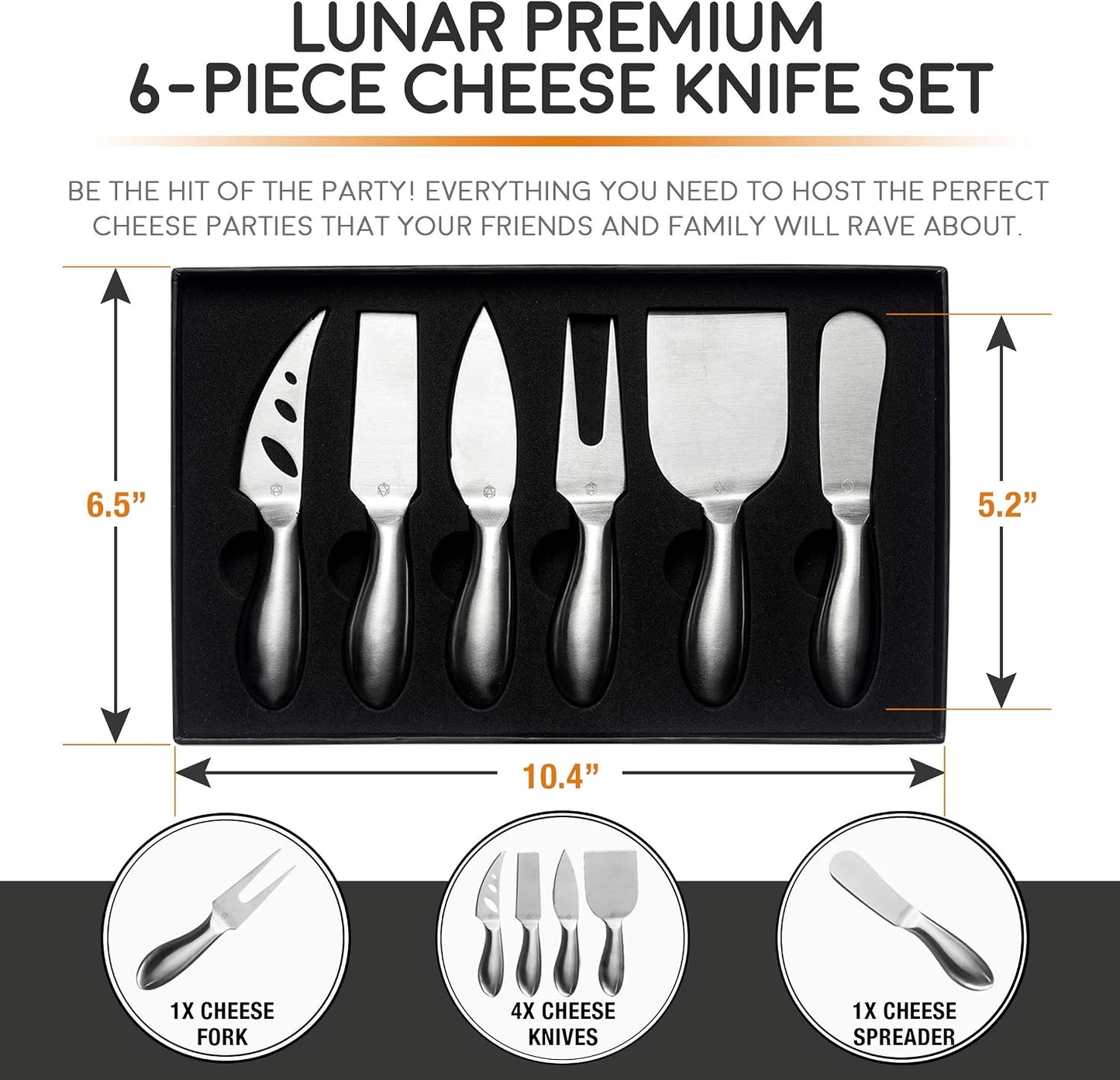 Lunar 6-Piece Cheese Knife Set - Premium Stainless Steel Cheese Knives Collection - Charcuterie Board Accessories Gift Ready w/ 15 Festive Recipes