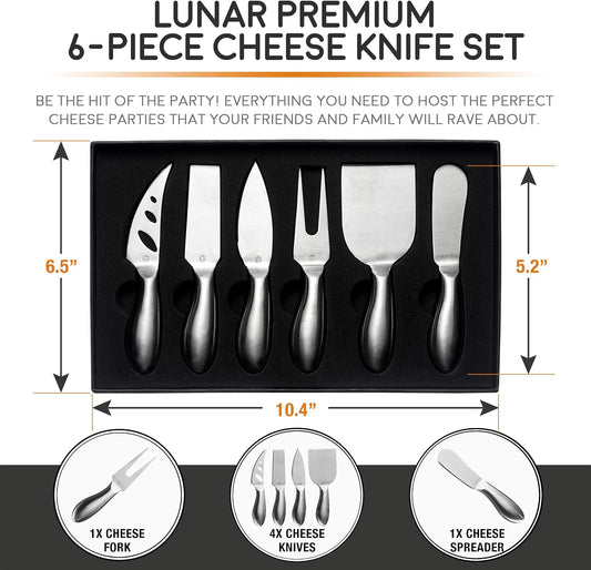 Lunar 6-Piece Cheese Knife Set - Premium Stainless Steel Cheese Knives Collection - Charcuterie Board Accessories Gift Ready w/ 15 Festive Recipes