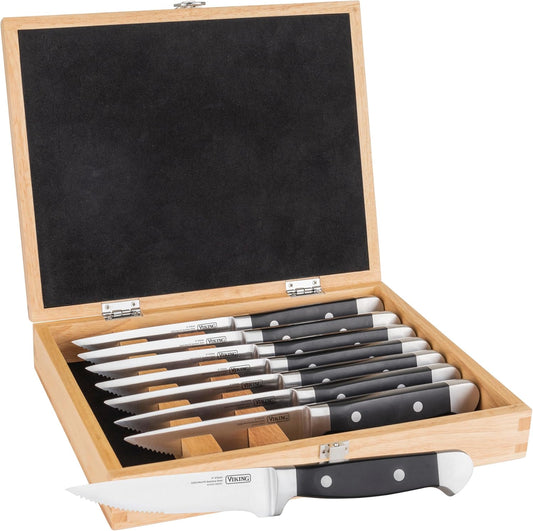 Steak Knife Set, 8 Piece Stainless Steel Knives with ABS Polymer Handles and Wooden Box, Hand Wash Only, Black