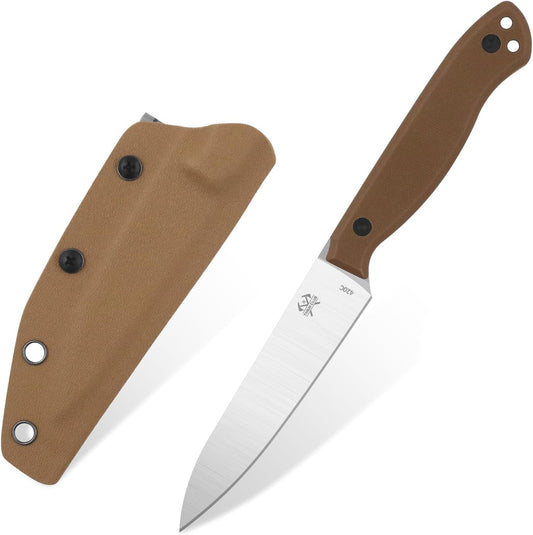 Compact Fixed Blade Knife, 3.9" Blade Camping Knife with Adjustable Kydex Sheath and Clip, Small fixed blade knives Stainless Steel and G10 Handle for Outdoor Survival, Camping, Hiking(Coyote Brown)