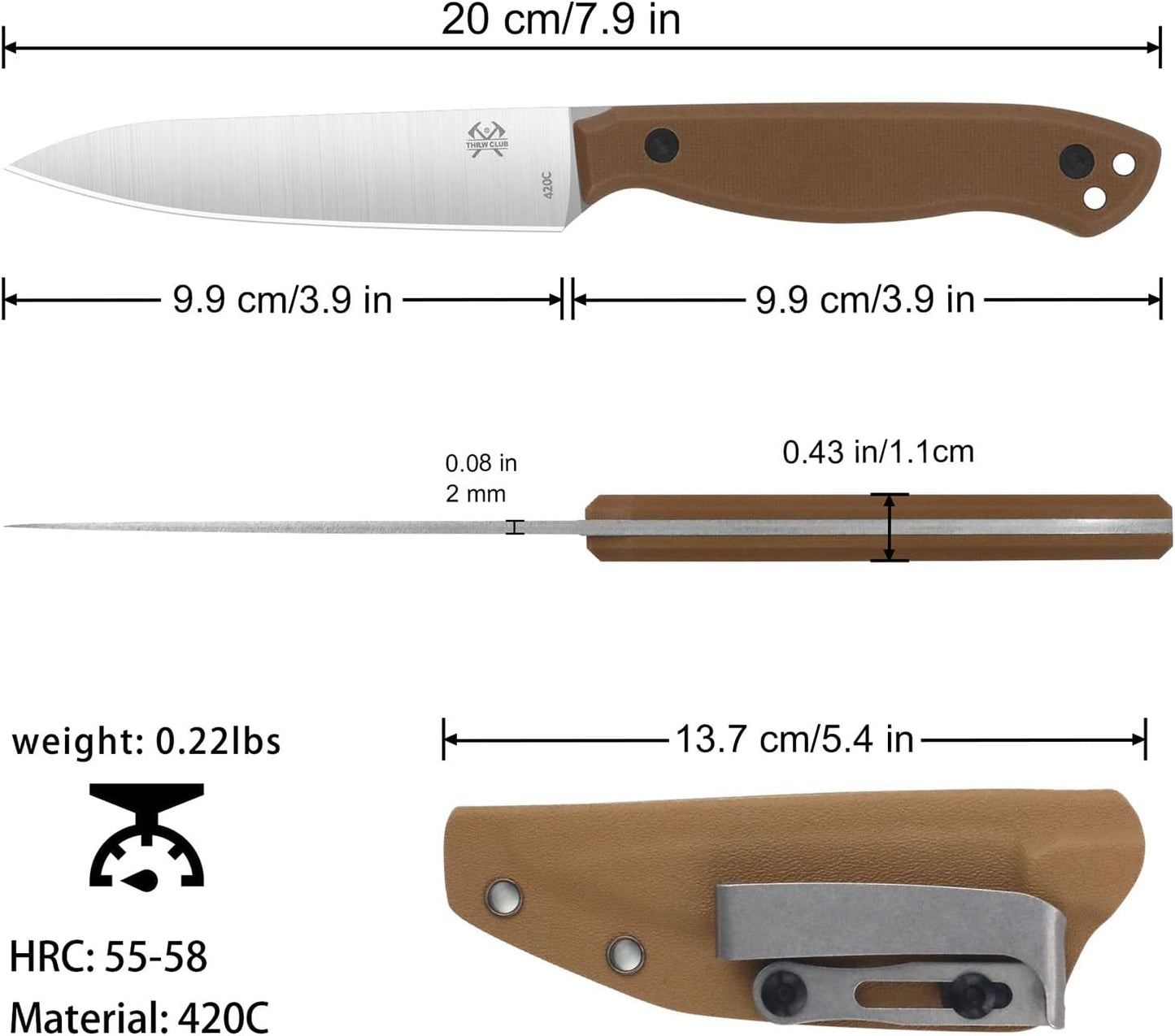 Compact Fixed Blade Knife, 3.9" Blade Camping Knife with Adjustable Kydex Sheath and Clip, Small fixed blade knives Stainless Steel and G10 Handle for Outdoor Survival, Camping, Hiking(Coyote Brown)