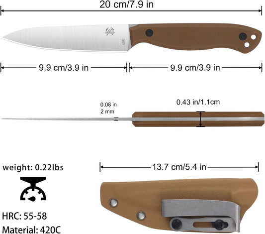 Compact Fixed Blade Knife, 3.9" Blade Camping Knife with Adjustable Kydex Sheath and Clip, Small fixed blade knives Stainless Steel and G10 Handle for Outdoor Survival, Camping, Hiking(Coyote Brown)