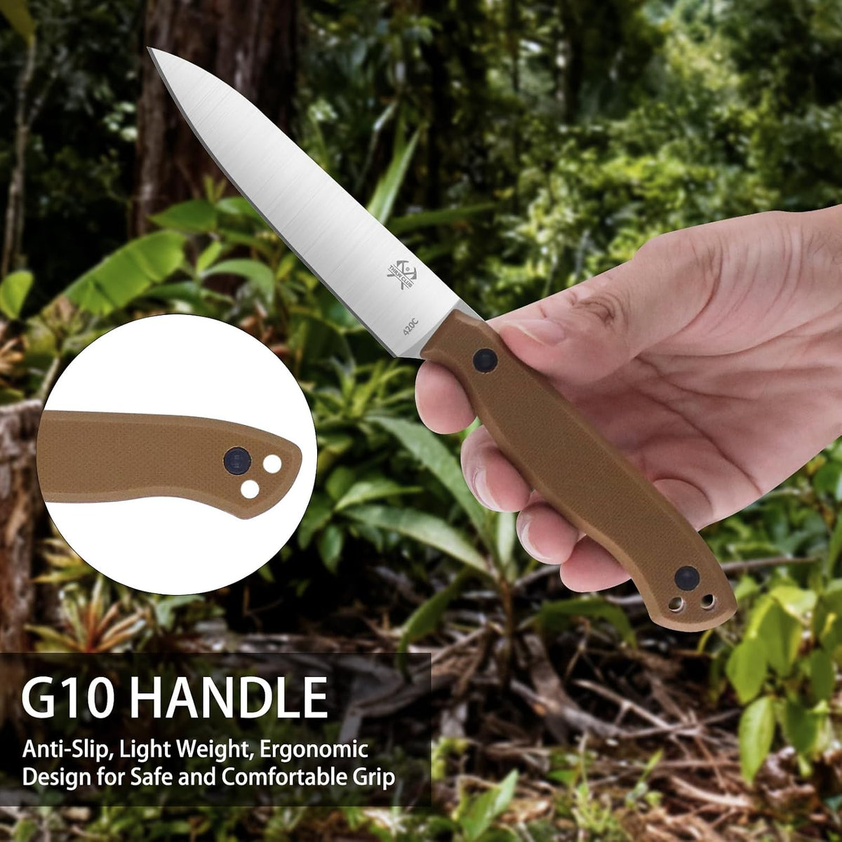 Compact Fixed Blade Knife, 3.9" Blade Camping Knife with Adjustable Kydex Sheath and Clip, Small fixed blade knives Stainless Steel and G10 Handle for Outdoor Survival, Camping, Hiking(Coyote Brown)