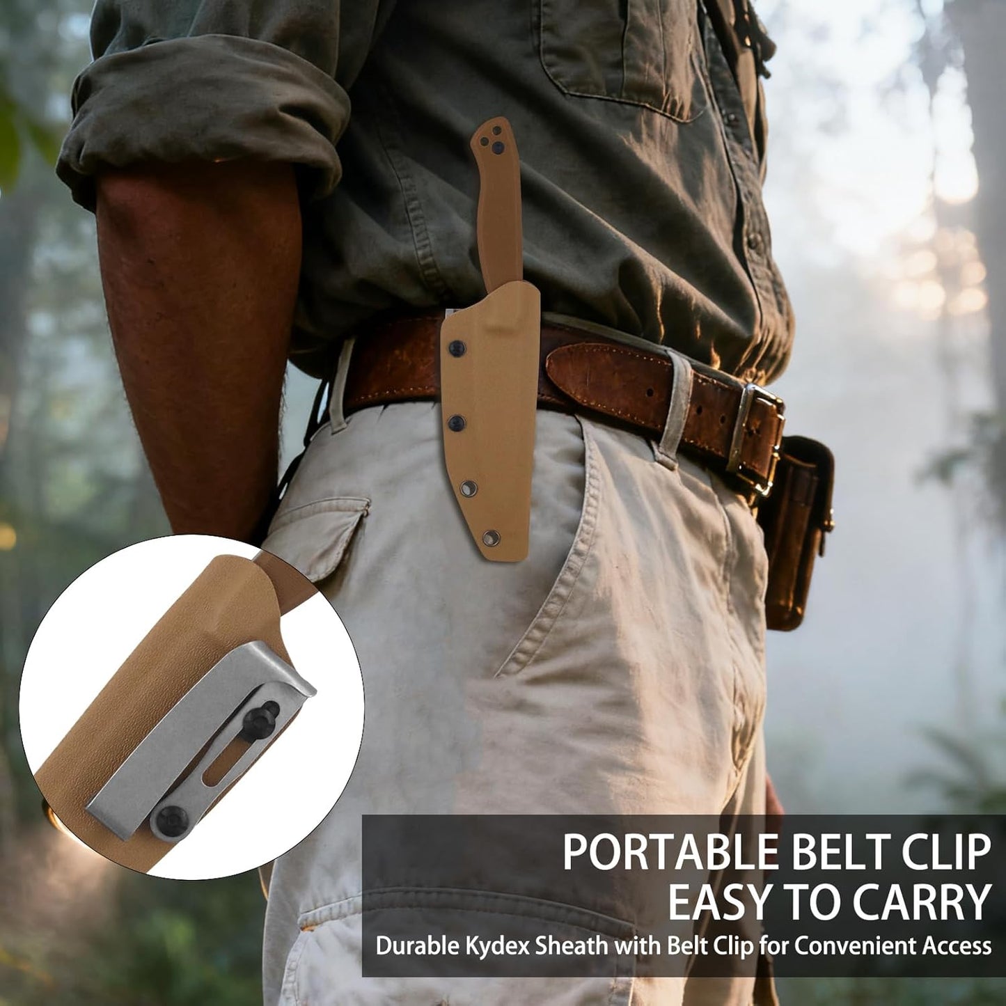 Compact Fixed Blade Knife, 3.9" Blade Camping Knife with Adjustable Kydex Sheath and Clip, Small fixed blade knives Stainless Steel and G10 Handle for Outdoor Survival, Camping, Hiking(Coyote Brown)