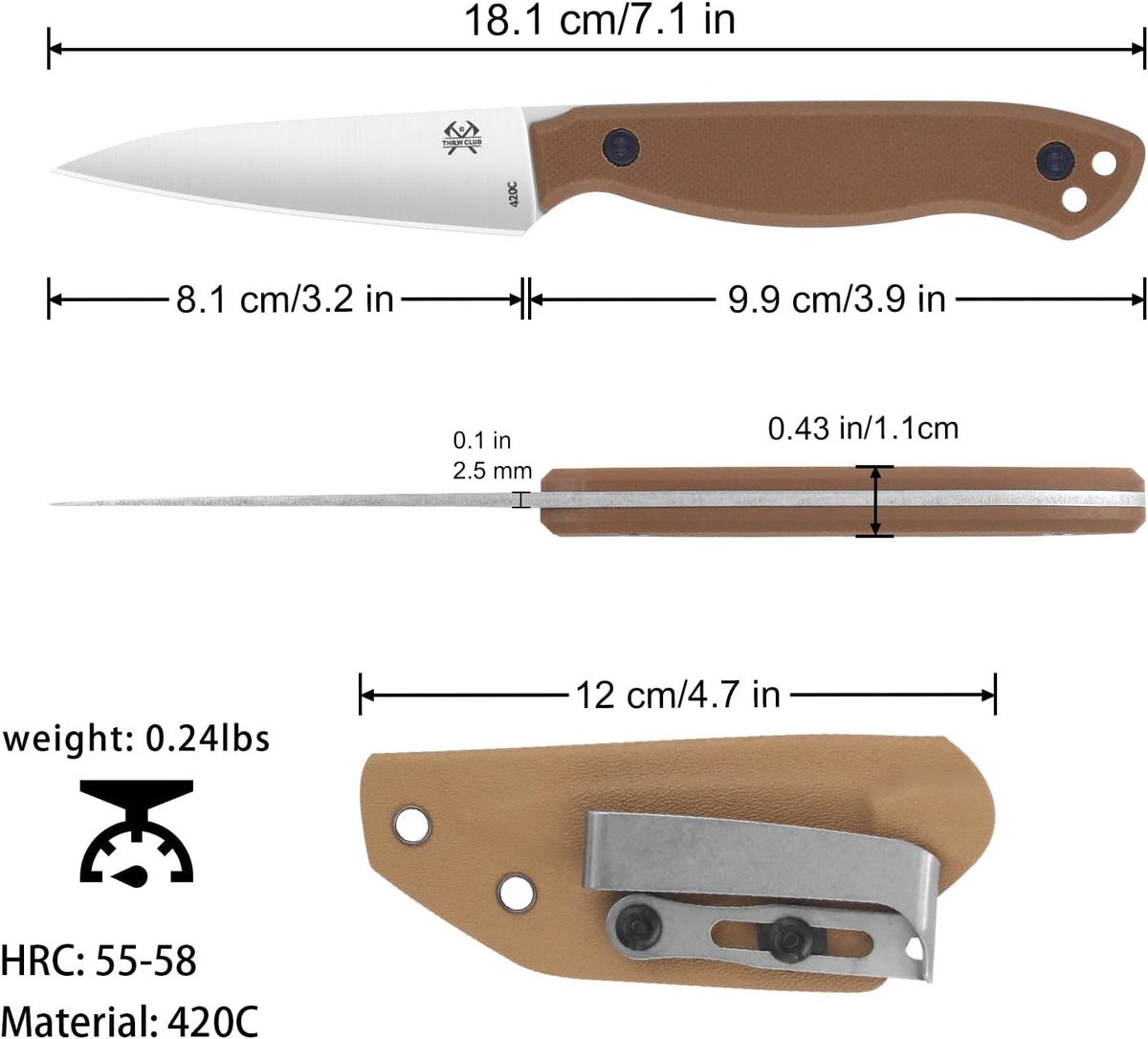 Compact Fixed Blade Knife, 3.9" Blade Camping Knife with Adjustable Kydex Sheath and Clip, Small fixed blade knives Stainless Steel and G10 Handle for Outdoor Survival, Camping, Hiking(Coyote Brown)