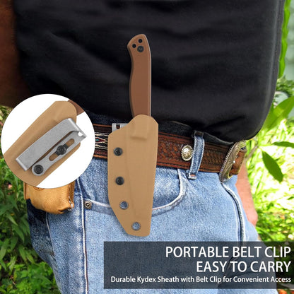 Compact Fixed Blade Knife, 3.9" Blade Camping Knife with Adjustable Kydex Sheath and Clip, Small fixed blade knives Stainless Steel and G10 Handle for Outdoor Survival, Camping, Hiking(Coyote Brown)