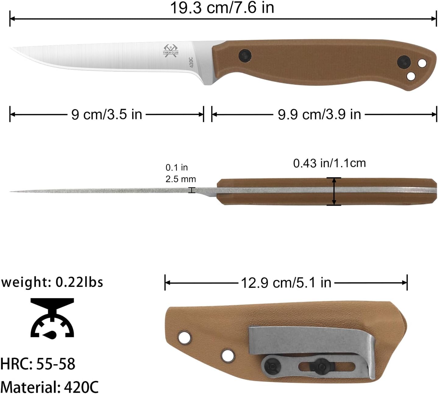 Compact Fixed Blade Knife, 3.9" Blade Camping Knife with Adjustable Kydex Sheath and Clip, Small fixed blade knives Stainless Steel and G10 Handle for Outdoor Survival, Camping, Hiking(Coyote Brown)