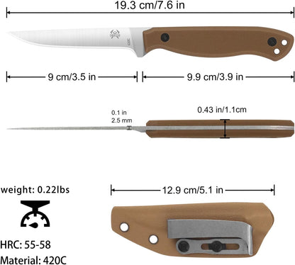 Compact Fixed Blade Knife, 3.9" Blade Camping Knife with Adjustable Kydex Sheath and Clip, Small fixed blade knives Stainless Steel and G10 Handle for Outdoor Survival, Camping, Hiking(Coyote Brown)