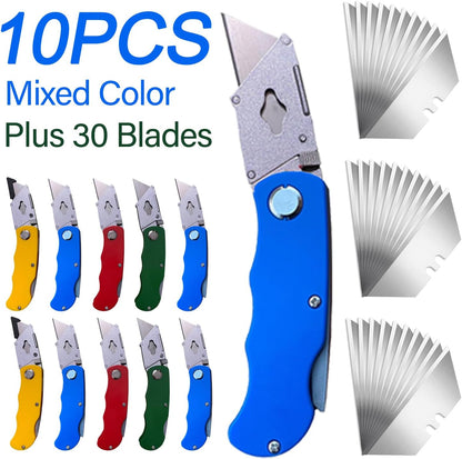 10Pcs Folding utility Knives & 30Pcs Blades Set for Crafts, Heavy Duty Retractable Box Cutters, Exacto Knife, Paper Cutter (Folding Style)