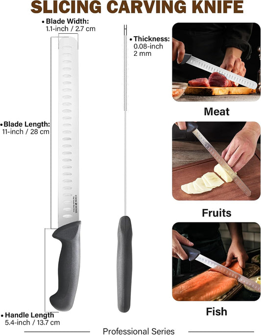 Professional Slicing Knife Roast/Fish Slicer 11 Inch, Granton Edge High Carbon Stainless Steel Sharp Kitchen Knife, Ergonomic Handle, Black