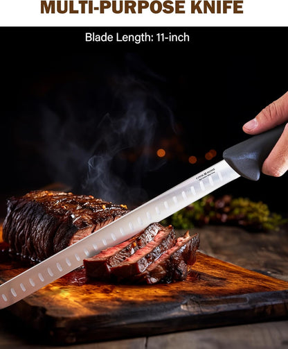 Professional Slicing Knife Roast/Fish Slicer 11 Inch, Granton Edge High Carbon Stainless Steel Sharp Kitchen Knife, Ergonomic Handle, Black