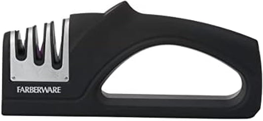 3-Stage Knife Sharpener – Manual Kitchen Knife Sharpener with Diamond, Tungsten & Ceramic Sharpening Slots, Non-Slip Base, Ergonomic Handle, Handheld Knife Sharpening Tool, Black