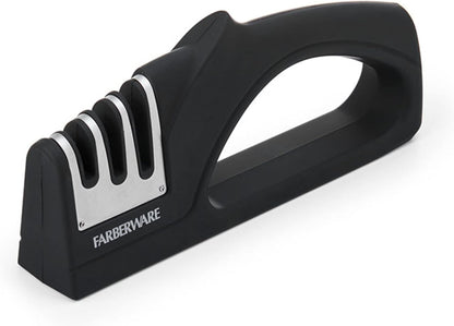 3-Stage Knife Sharpener – Manual Kitchen Knife Sharpener with Diamond, Tungsten & Ceramic Sharpening Slots, Non-Slip Base, Ergonomic Handle, Handheld Knife Sharpening Tool, Black