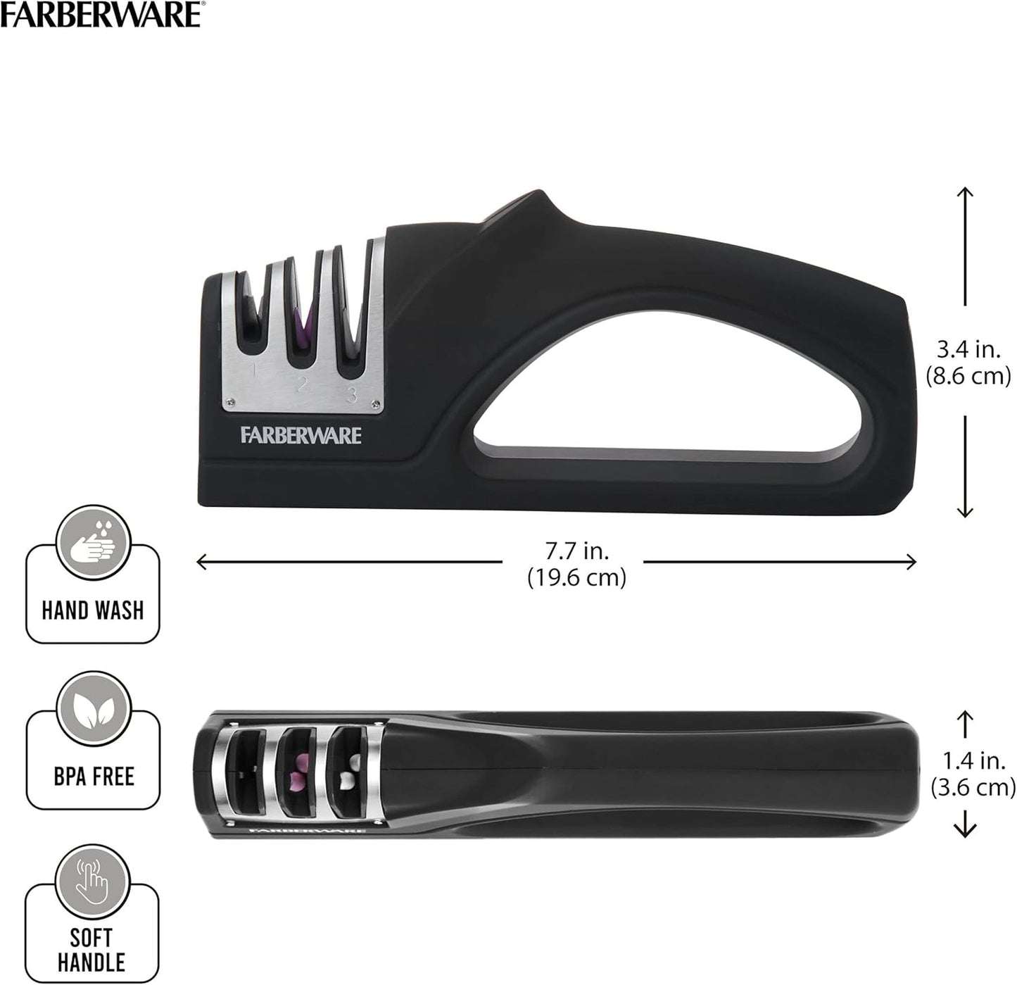 3-Stage Knife Sharpener – Manual Kitchen Knife Sharpener with Diamond, Tungsten & Ceramic Sharpening Slots, Non-Slip Base, Ergonomic Handle, Handheld Knife Sharpening Tool, Black