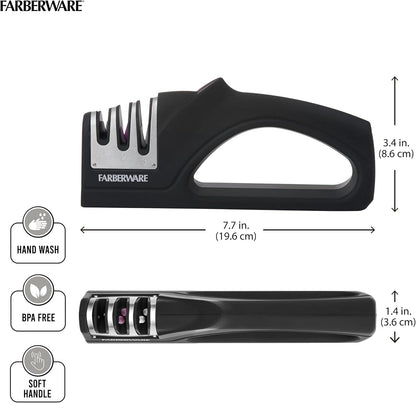 3-Stage Knife Sharpener – Manual Kitchen Knife Sharpener with Diamond, Tungsten & Ceramic Sharpening Slots, Non-Slip Base, Ergonomic Handle, Handheld Knife Sharpening Tool, Black