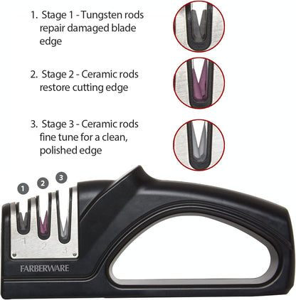 3-Stage Knife Sharpener – Manual Kitchen Knife Sharpener with Diamond, Tungsten & Ceramic Sharpening Slots, Non-Slip Base, Ergonomic Handle, Handheld Knife Sharpening Tool, Black