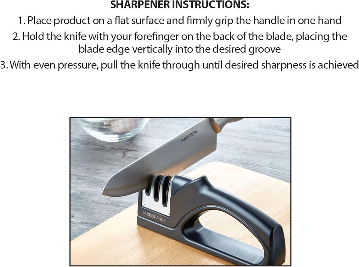 3-Stage Knife Sharpener – Manual Kitchen Knife Sharpener with Diamond, Tungsten & Ceramic Sharpening Slots, Non-Slip Base, Ergonomic Handle, Handheld Knife Sharpening Tool, Black