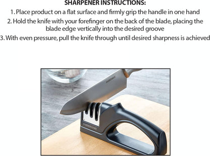 3-Stage Knife Sharpener – Manual Kitchen Knife Sharpener with Diamond, Tungsten & Ceramic Sharpening Slots, Non-Slip Base, Ergonomic Handle, Handheld Knife Sharpening Tool, Black