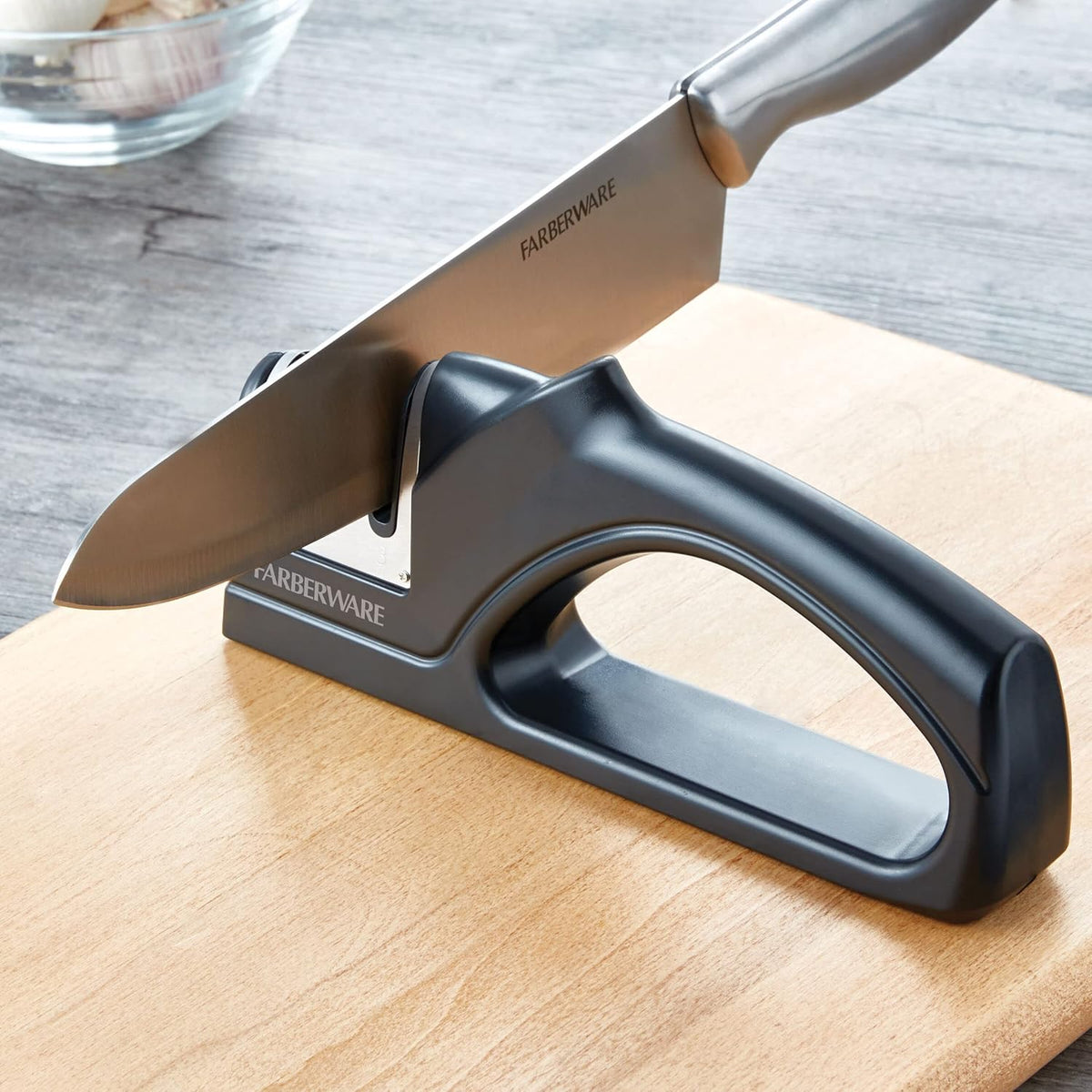 3-Stage Knife Sharpener – Manual Kitchen Knife Sharpener with Diamond, Tungsten & Ceramic Sharpening Slots, Non-Slip Base, Ergonomic Handle, Handheld Knife Sharpening Tool, Black