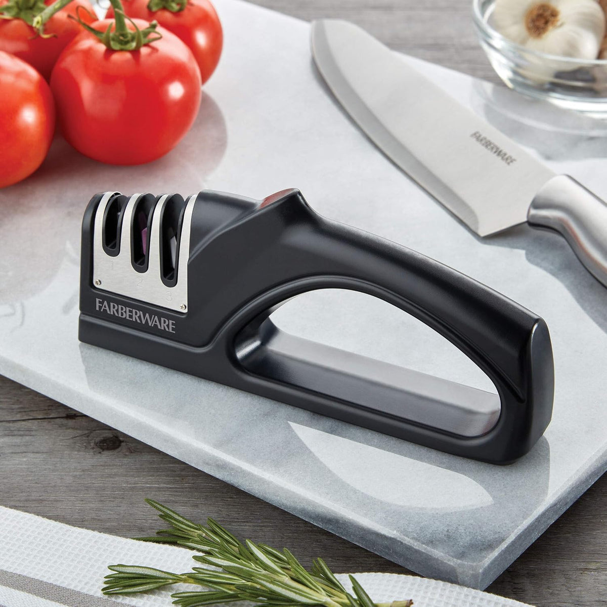 3-Stage Knife Sharpener – Manual Kitchen Knife Sharpener with Diamond, Tungsten & Ceramic Sharpening Slots, Non-Slip Base, Ergonomic Handle, Handheld Knife Sharpening Tool, Black