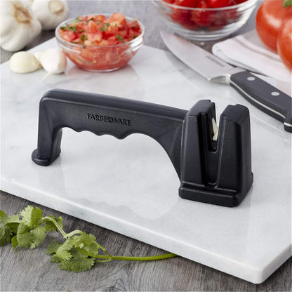 3-Stage Knife Sharpener – Manual Kitchen Knife Sharpener with Diamond, Tungsten & Ceramic Sharpening Slots, Non-Slip Base, Ergonomic Handle, Handheld Knife Sharpening Tool, Black