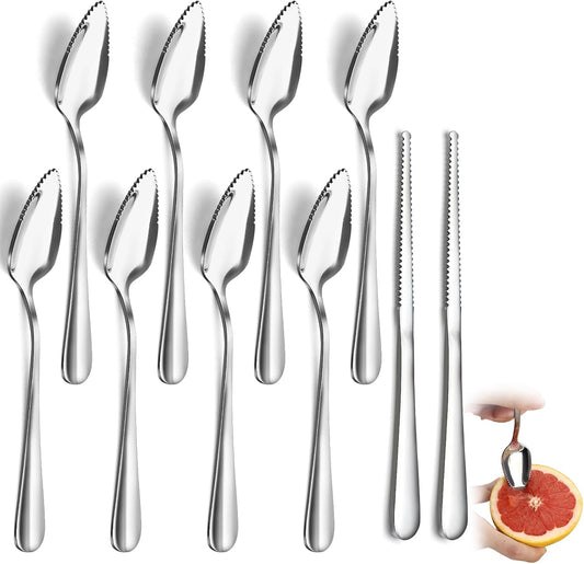 Hunnycook Grapefruit Spoons and Knives - 8 Spoons, 2 Knives | Serrated Edge, Suitable for Cutting All Kinds of Fruits