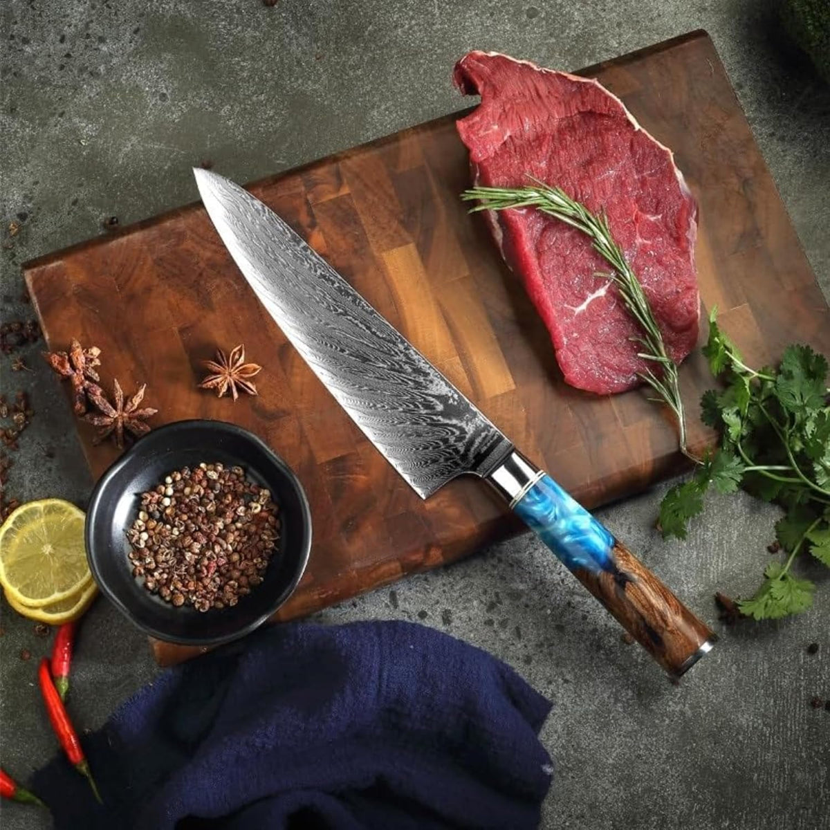 Seido Executive 8 Inch VG10 Damascus Gyuto Chef Knife, Blue Resin