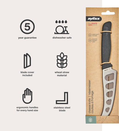 Cheese Knife – Stainless Steel Blade with Non-Stick Holes & Forked Tip for Serving – Cuts Soft, Semi-Soft & Firm Cheeses – Wheat Straw Handle, Dishwasher Safe, 5-Year Guarantee – 5"