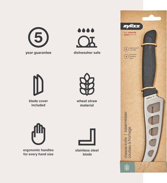 Cheese Knife – Stainless Steel Blade with Non-Stick Holes & Forked Tip for Serving – Cuts Soft, Semi-Soft & Firm Cheeses – Wheat Straw Handle, Dishwasher Safe, 5-Year Guarantee – 5"