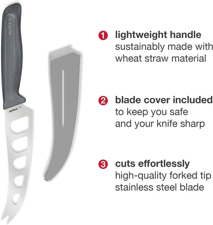 Cheese Knife – Stainless Steel Blade with Non-Stick Holes & Forked Tip for Serving – Cuts Soft, Semi-Soft & Firm Cheeses – Wheat Straw Handle, Dishwasher Safe, 5-Year Guarantee – 5"