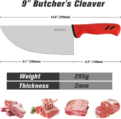 Meat Cleaver Knife - 9 Inch Hybrid Cleaver Butcher Knife - Razor Sharp Premium High Carbon Molybdenum Steel Blade - Ergonomic & Non-slip Handle