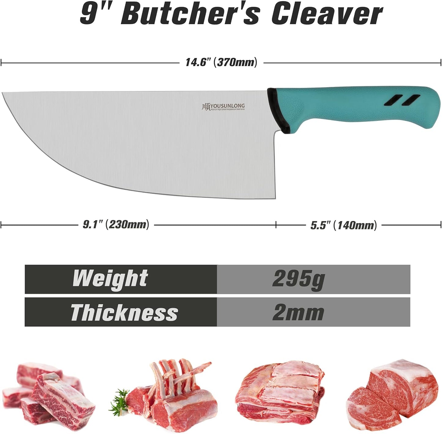 Meat Cleaver Knife - 9 Inch Hybrid Cleaver Butcher Knife - Razor Sharp Premium High Carbon Molybdenum Steel Blade - Ergonomic & Non-slip Handle